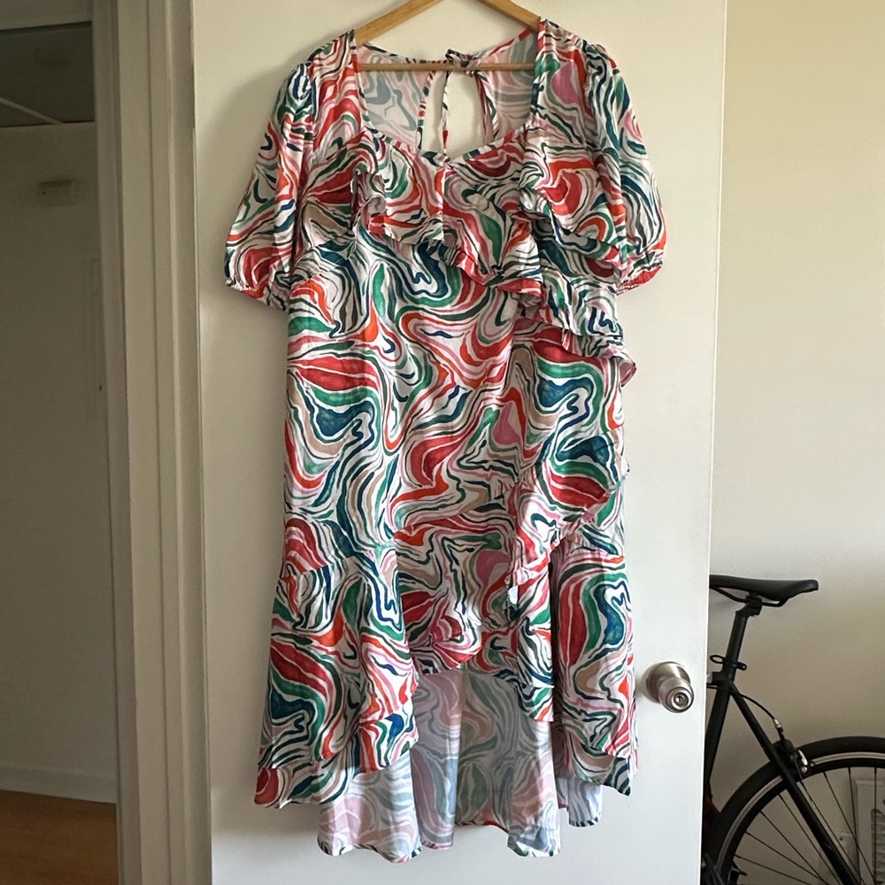 NWT June + Vie Printed Watercolor Marble Multicolor Hi-Low Ruffle Midi Dress - Picture 5 of 11